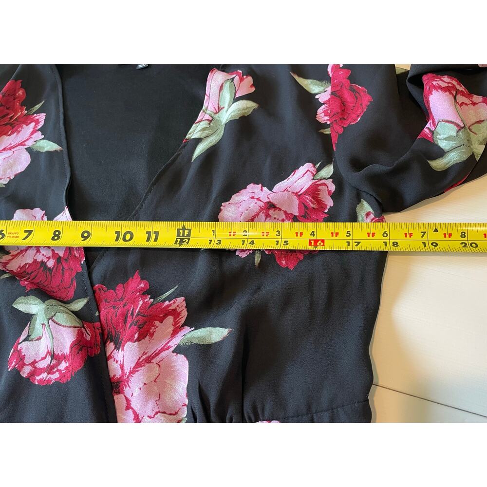 Lulus Romantic Blooms Black Floral Midi Wrap Dress Sz M Plunging Neck Black Pink - Picture 14 of 16